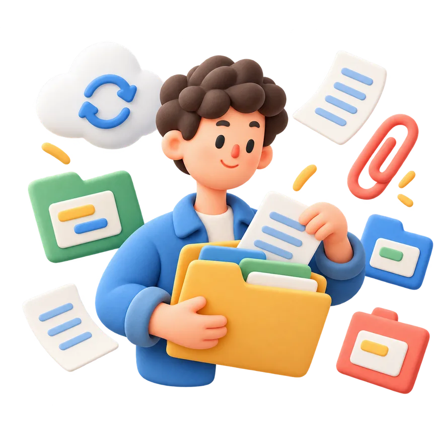 A person carrying a folder of documents, with files, a paperclip, and a sync icon around them.