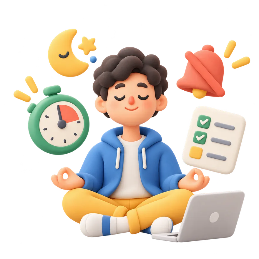 A calm person meditating next to a laptop, with a muted bell and a moon.