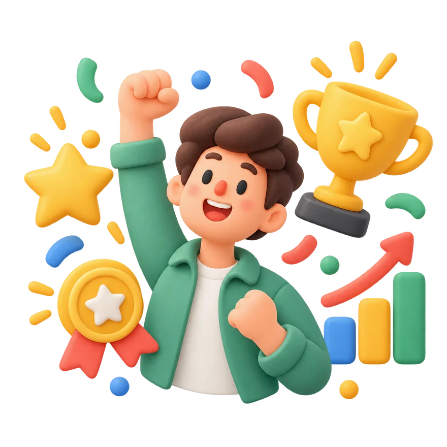 A cheering person with a trophy, medal, and rising chart.